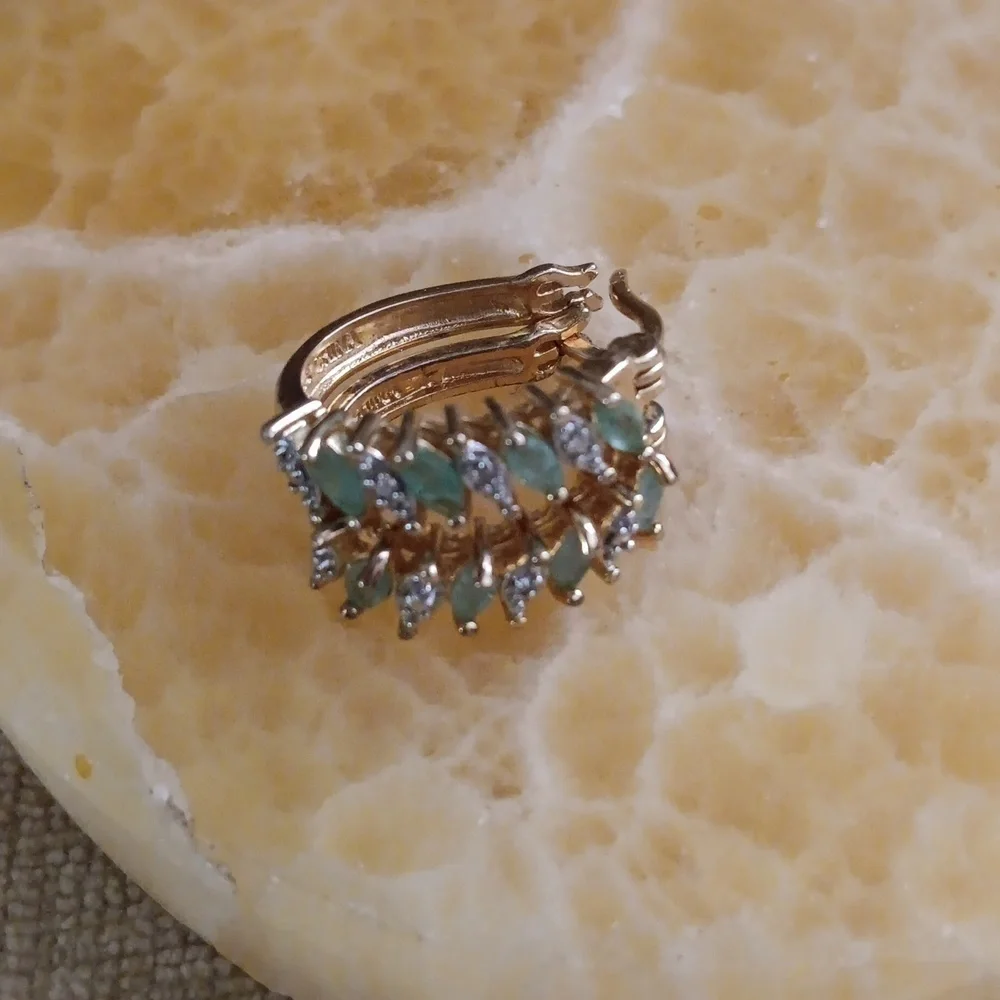 925 Silver Gold Plated Green Stone Marcasite Accent Hoop Earrings